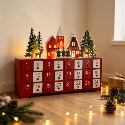 Beleuchteter Holz-Adventskalender im Dorf-Design