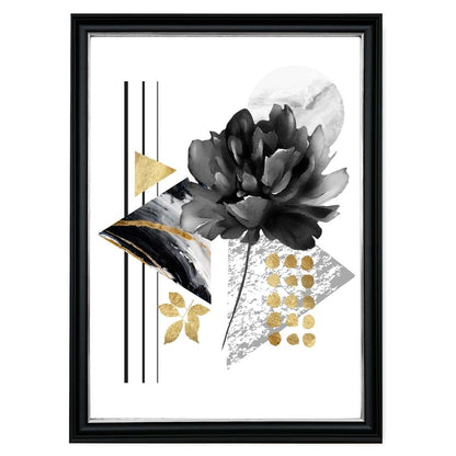 Abstraktes Blumenmotiv in Schwarz und Gold mit geometrischen Formen Nr. 1 – Wandbild