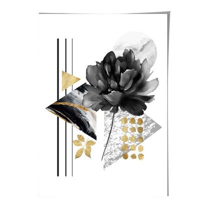 Abstraktes Blumenmotiv in Schwarz und Gold mit geometrischen Formen Nr. 1 – Wandbild