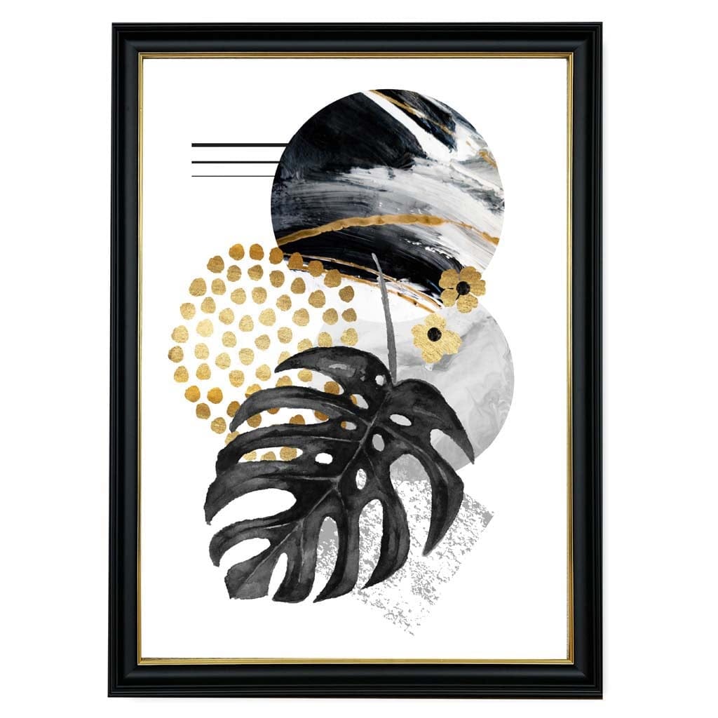 Abstraktes Wandbild mit schwarzen und goldenen Blättern und geometrischen Formen