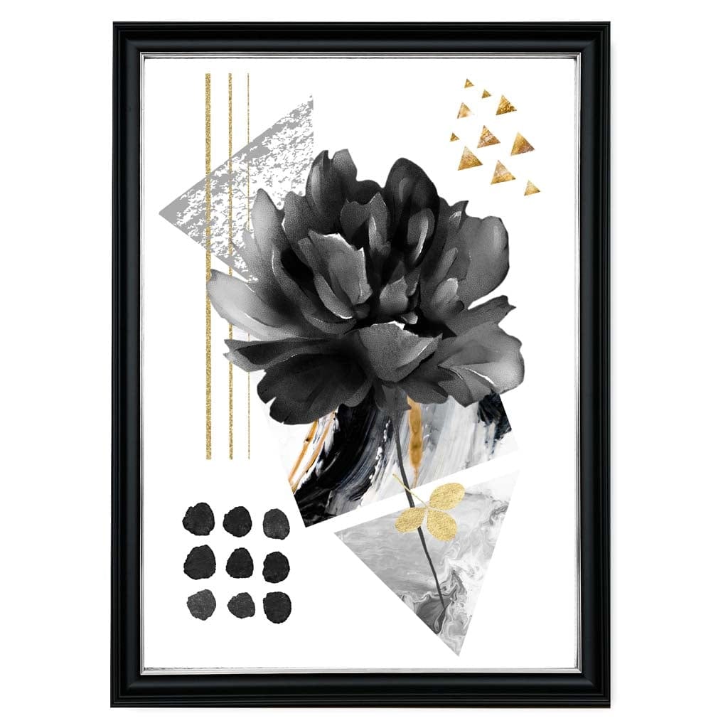 Abstraktes Blumenmotiv in Schwarz und Gold mit geometrischen Formen Nr. 2 – Wandbild