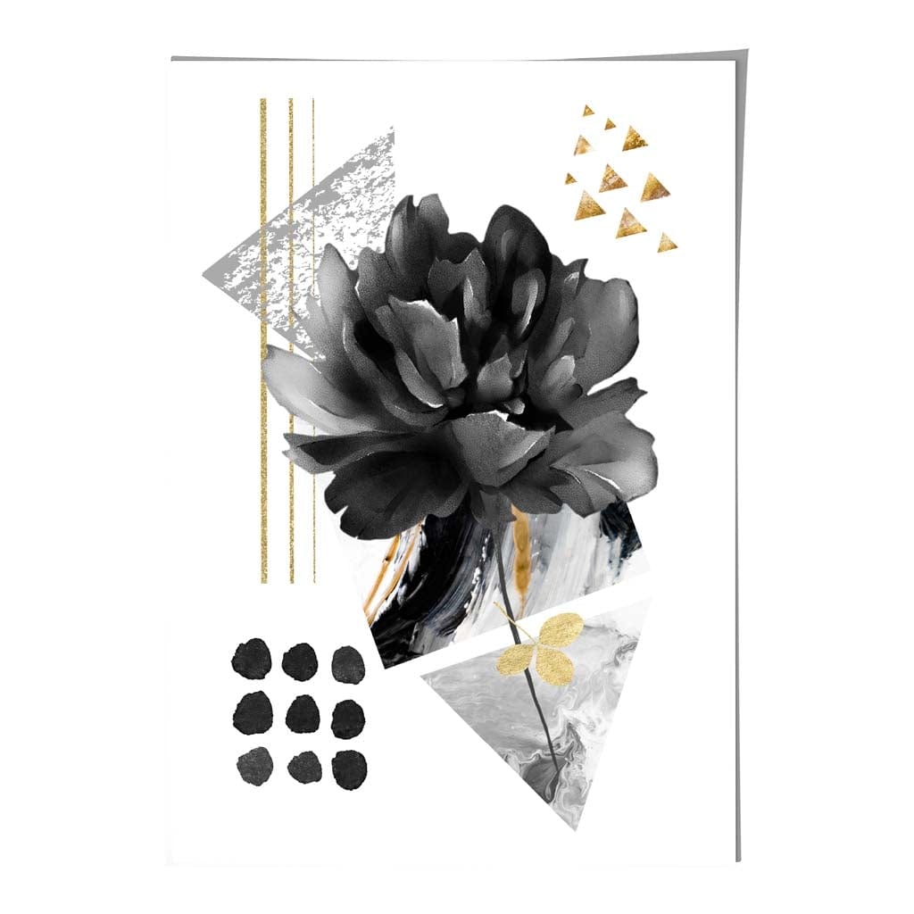 Abstraktes Blumenmotiv in Schwarz und Gold mit geometrischen Formen Nr. 2 – Wandbild