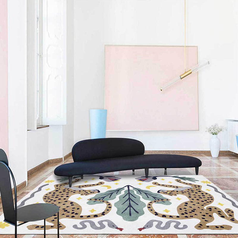 Brehn | Uniek Kids Tapijt in Zwart en Wit Dieren Leopard Slang Bladeren Patroon Tapijt Polyester Vlekbestendig Vloerkleed voor Kinderkamer