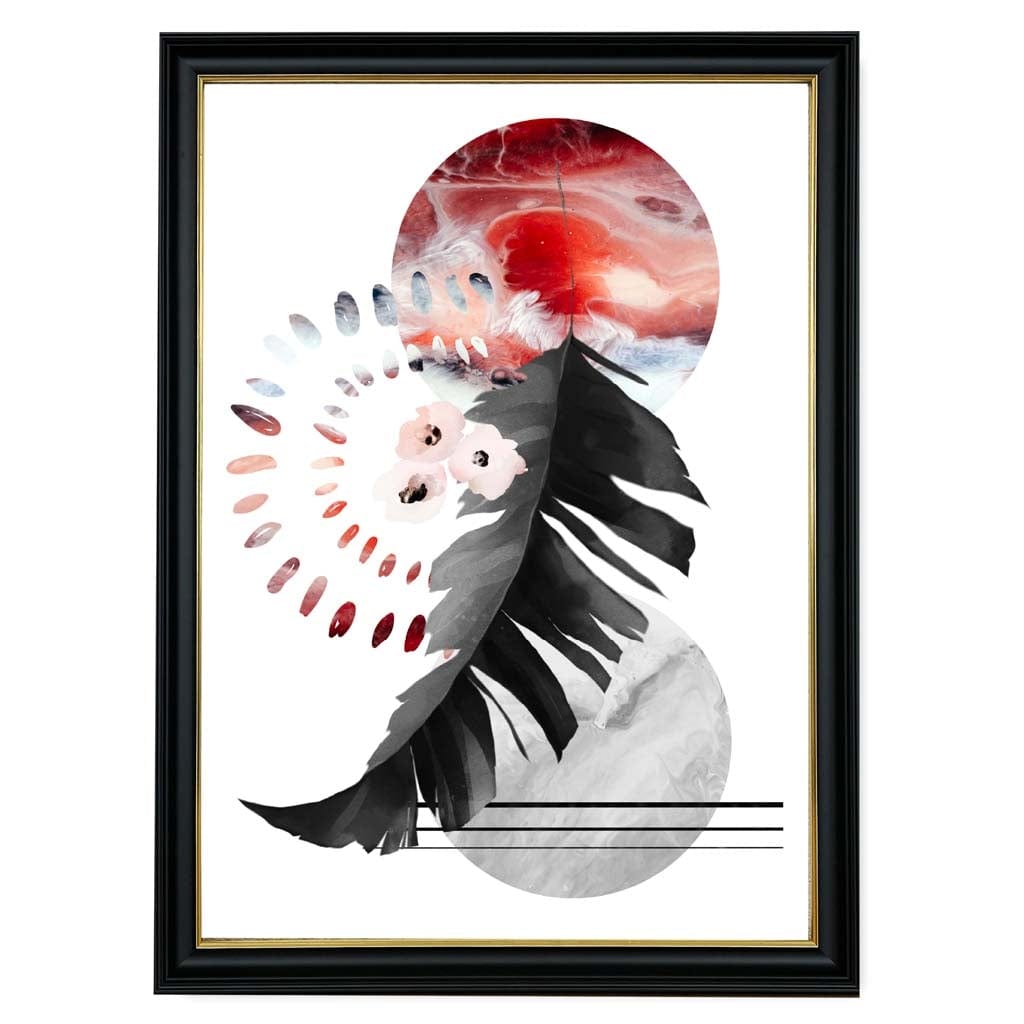Abstraktes Blatt in Schwarz und Rot mit geometrischen Formen – Wandbild