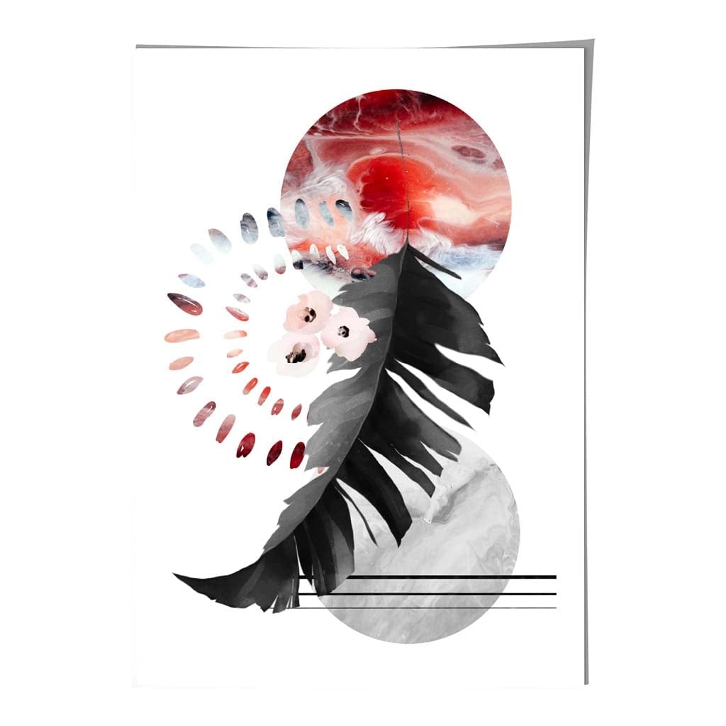 Abstraktes Blatt in Schwarz und Rot mit geometrischen Formen – Wandbild