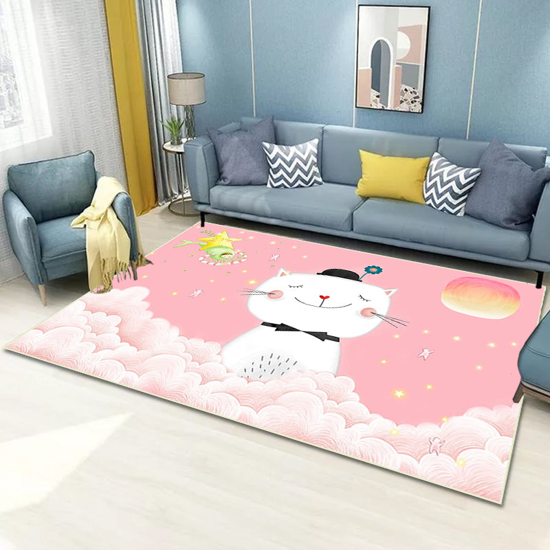 Brehn | Lässiger Kinderteppich in Pink Tier Katze Wolkenmuster Teppich Polyester rutschfeste Rückseite waschbarer Teppich für das Kinderzimmer
