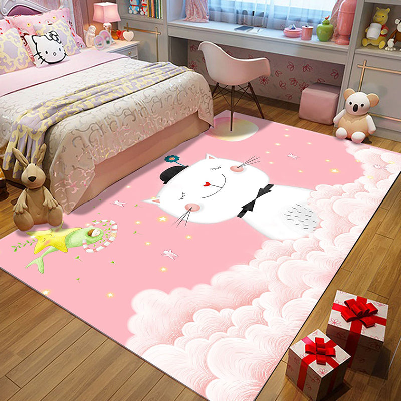 Brehn | Lässiger Kinderteppich in Pink Tier Katze Wolkenmuster Teppich Polyester rutschfeste Rückseite waschbarer Teppich für das Kinderzimmer