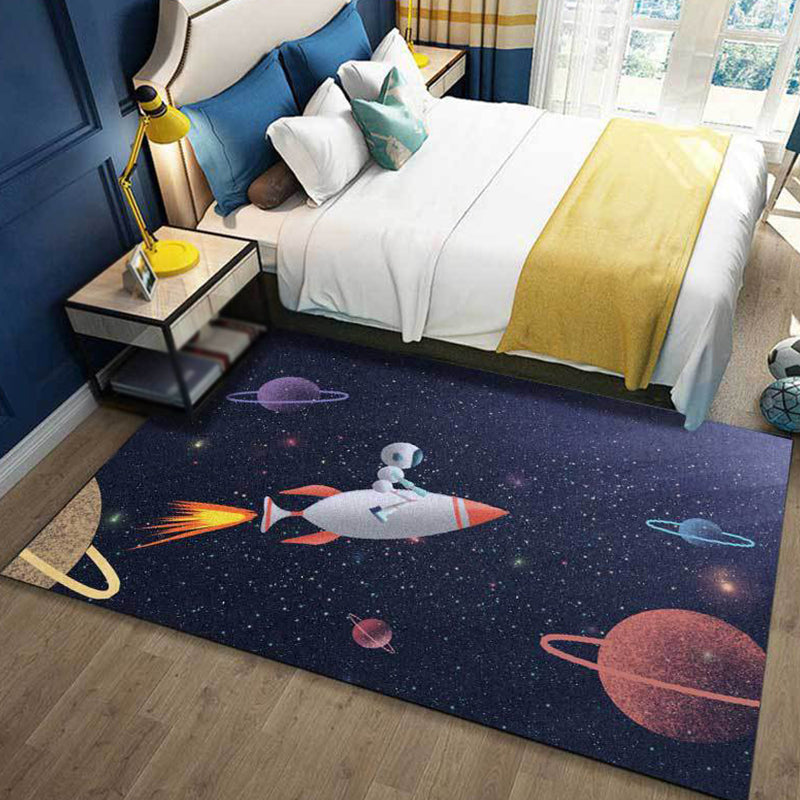 Brehn | Kinderzimmerteppich in Blau Äußeres Weltraumgalaxie Rakete Astronaut Druck Teppich Polyester Rutschfeste Rückseite Teppich