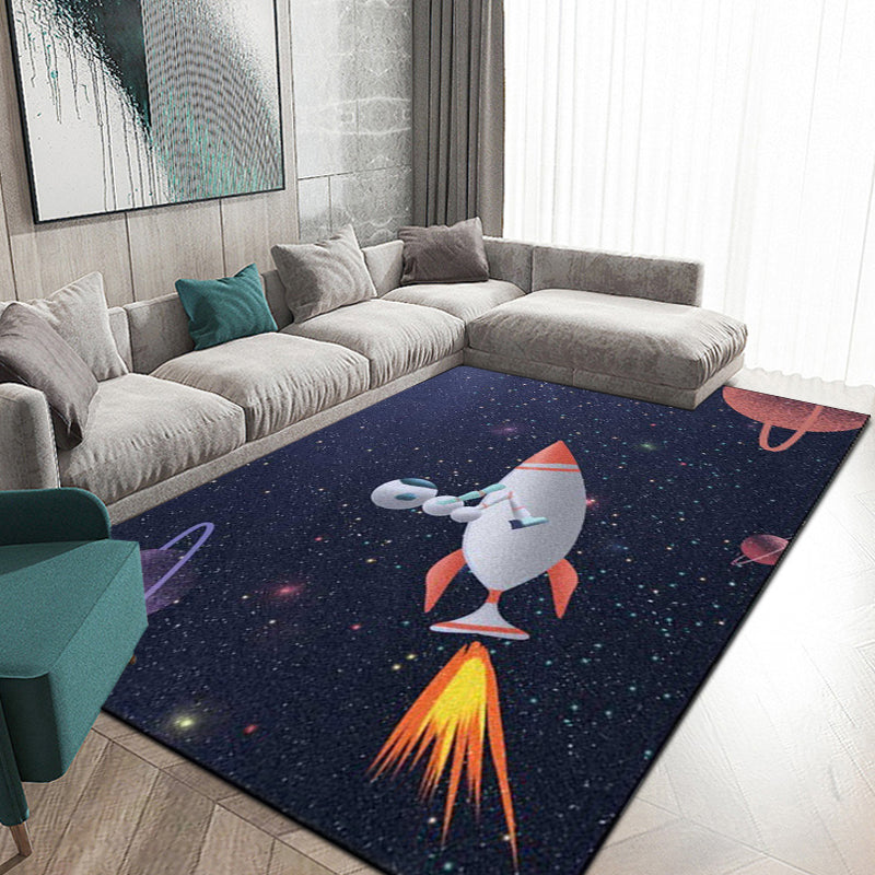 Brehn | Kinderzimmerteppich in Blau Äußeres Weltraumgalaxie Rakete Astronaut Druck Teppich Polyester Rutschfeste Rückseite Teppich