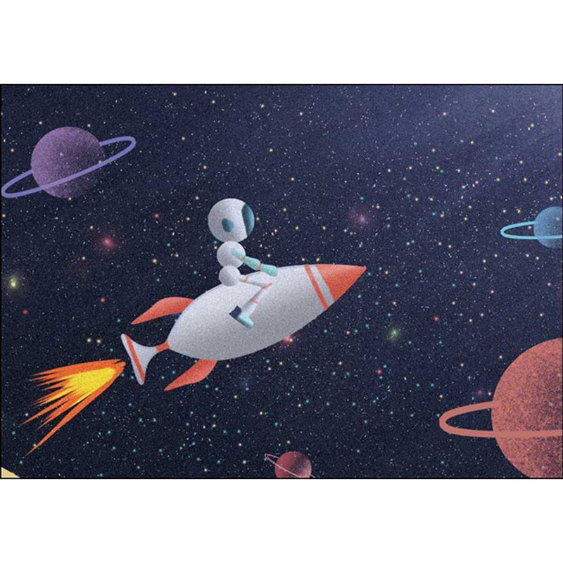 Brehn | Kinderzimmerteppich in Blau Äußeres Weltraumgalaxie Rakete Astronaut Druck Teppich Polyester Rutschfeste Rückseite Teppich