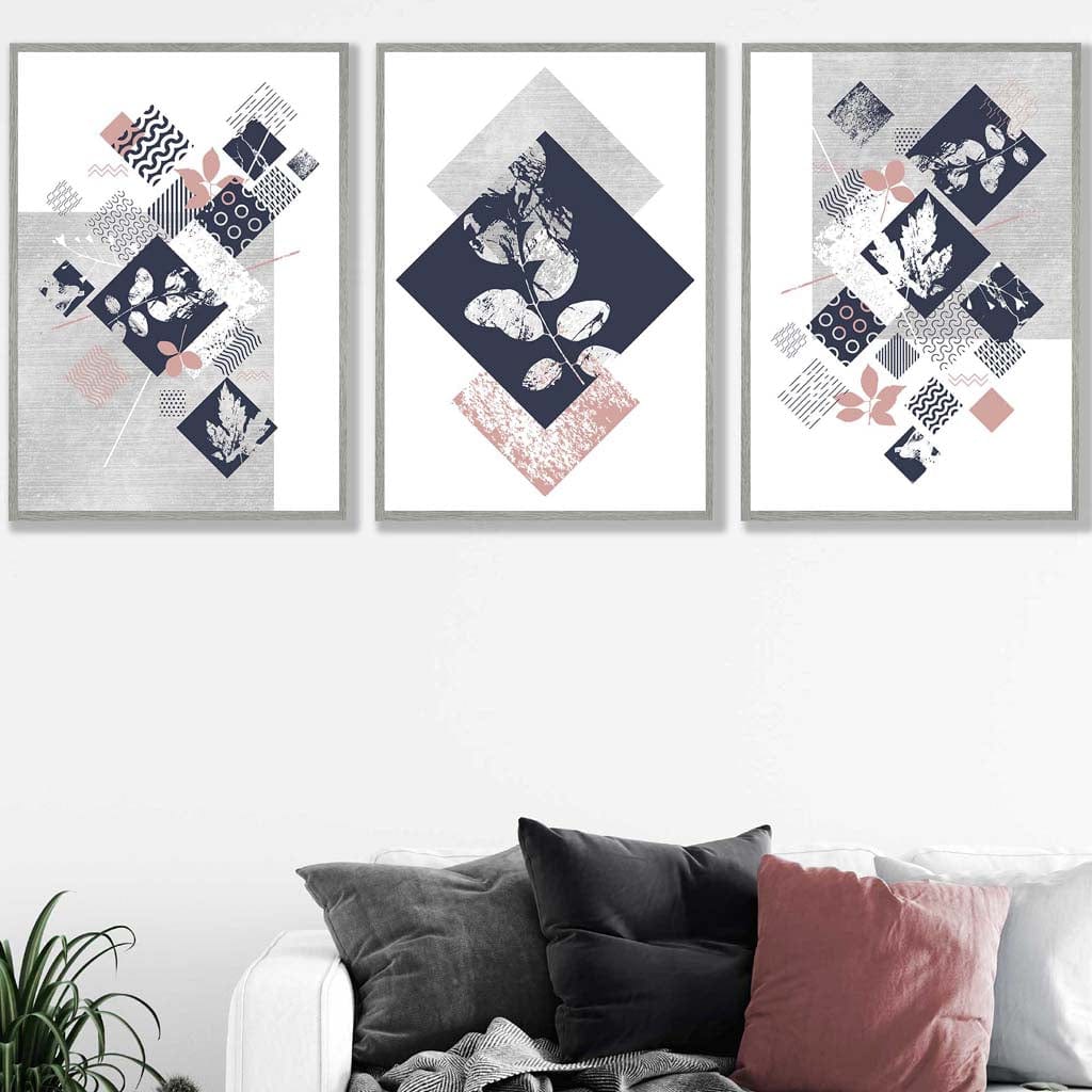 BOTANISCH Set aus 3 abstrakten geometrischen Blumendrucken in Marineblau und Rosa