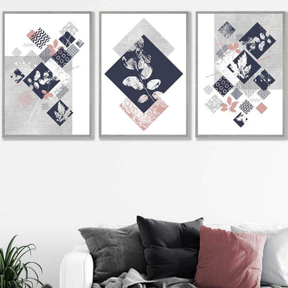 BOTANISCH Set aus 3 abstrakten geometrischen Blumendrucken in Marineblau und Rosa
