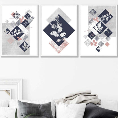 BOTANISCH Set aus 3 abstrakten geometrischen Blumendrucken in Marineblau und Rosa