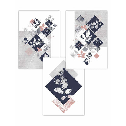 BOTANISCH Set aus 3 abstrakten geometrischen Blumendrucken in Marineblau und Rosa