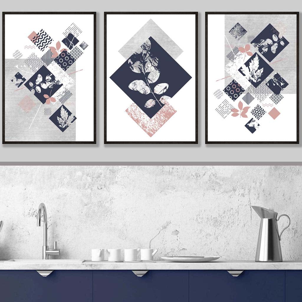 BOTANISCH Set aus 3 abstrakten geometrischen Blumendrucken in Marineblau und Rosa