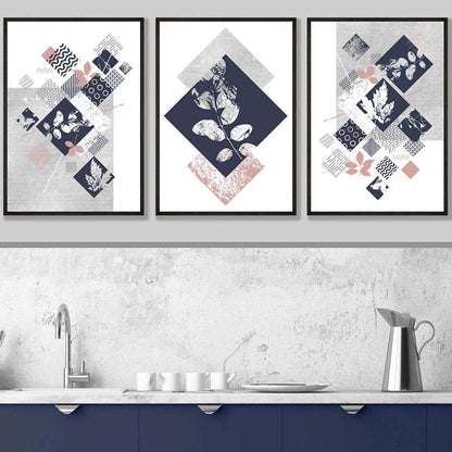 BOTANISCH Set aus 3 abstrakten geometrischen Blumendrucken in Marineblau und Rosa