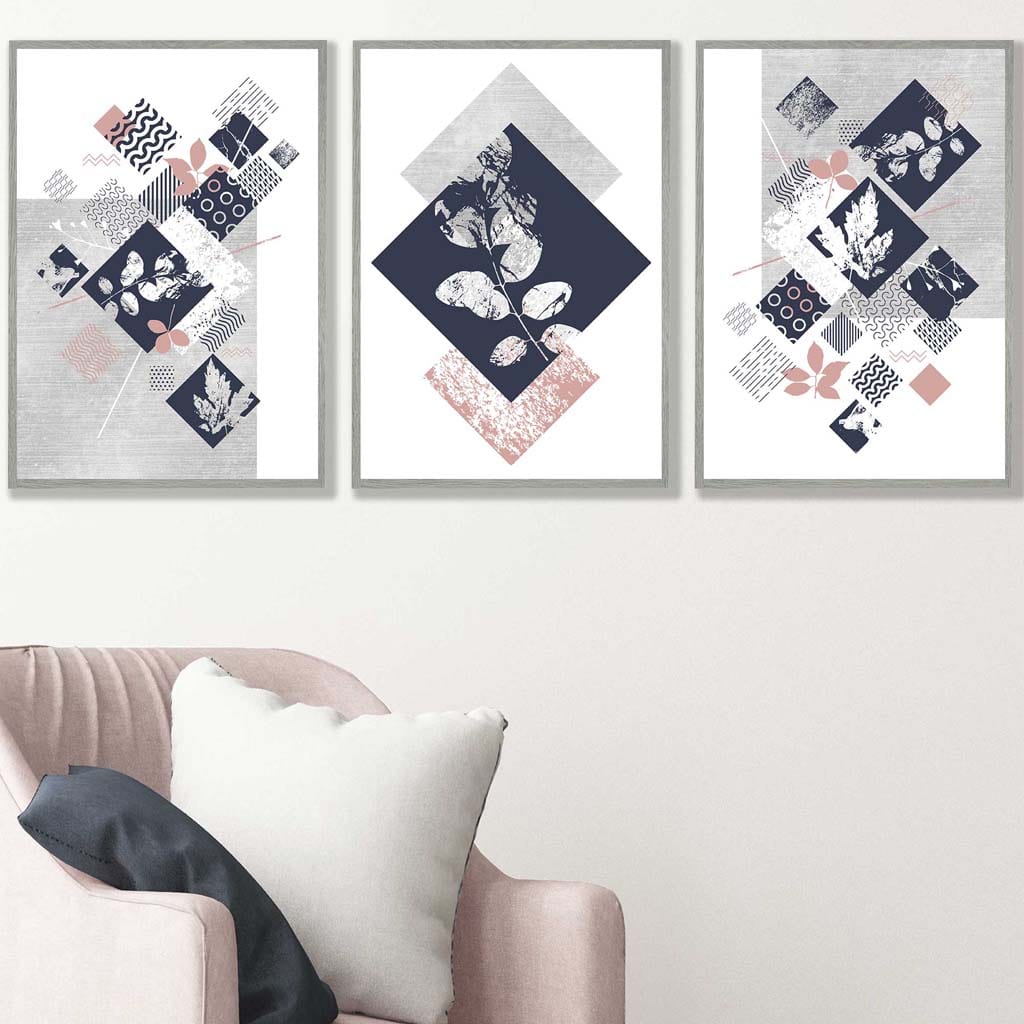 BOTANISCH Set aus 3 abstrakten geometrischen Blumendrucken in Marineblau und Rosa