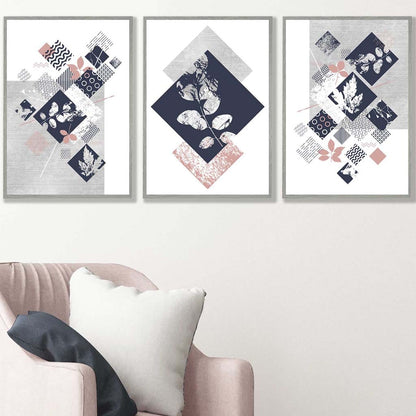BOTANISCH Set aus 3 abstrakten geometrischen Blumendrucken in Marineblau und Rosa