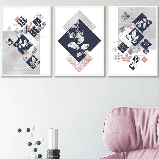 BOTANISCH Set aus 3 abstrakten geometrischen Blumendrucken in Marineblau und Rosa