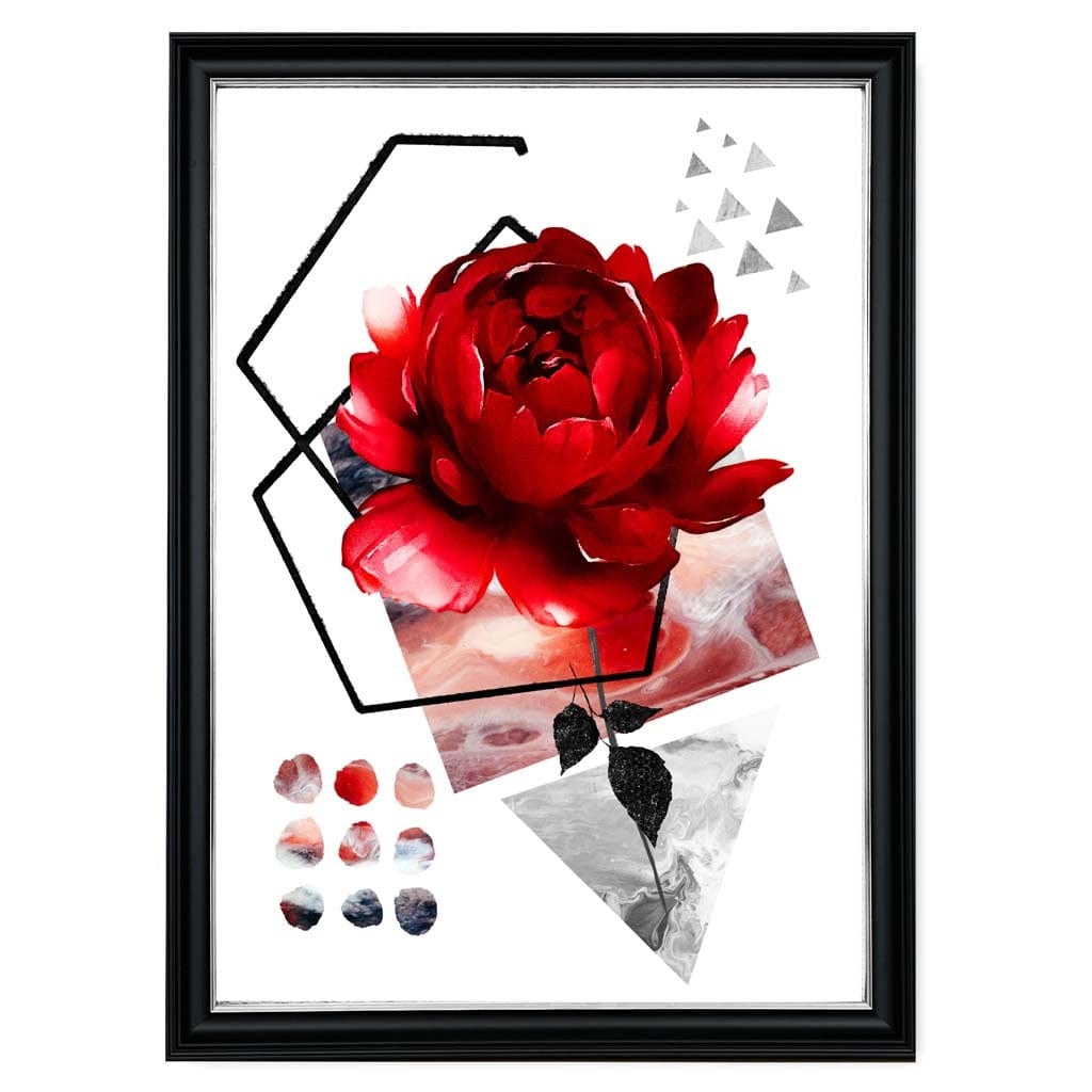 Abstrakte Blume in Schwarz und Rot mit geometrischen Formen Nr. 2 – Wandbild