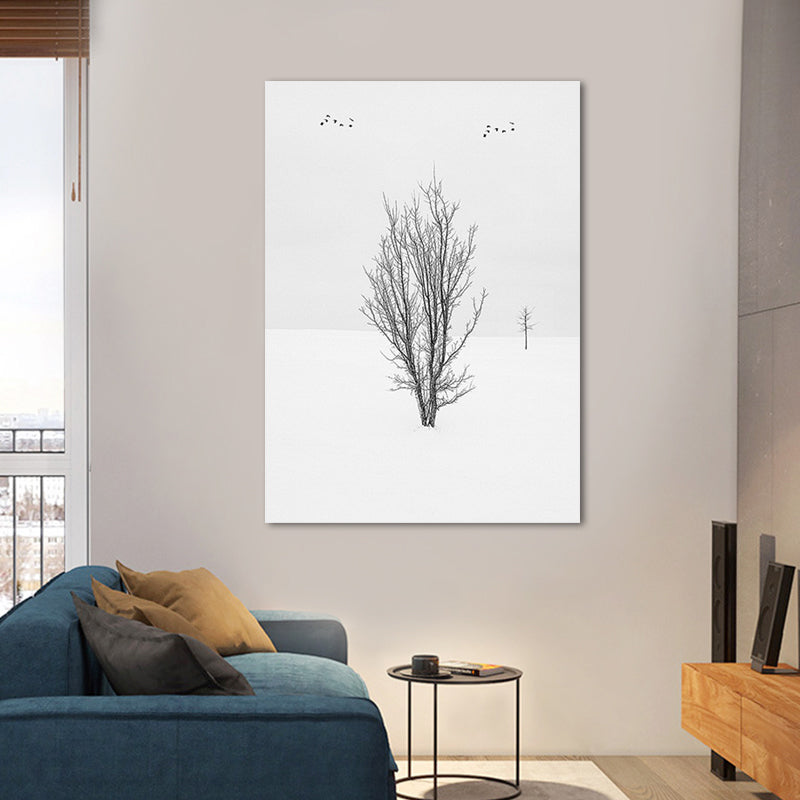Brehn | Fotografie Minimalistische Canvas Wandkunst met Vogel en Boomlandschap, Lichte Kleur