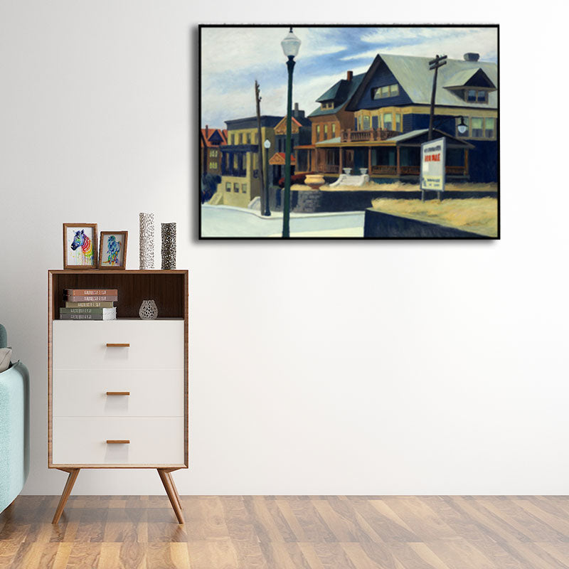 Brehn | Blaue Vorstadt Häuser Malerei Leinwand Texturierte Oberfläche Wandkunst für Wohnzimmer