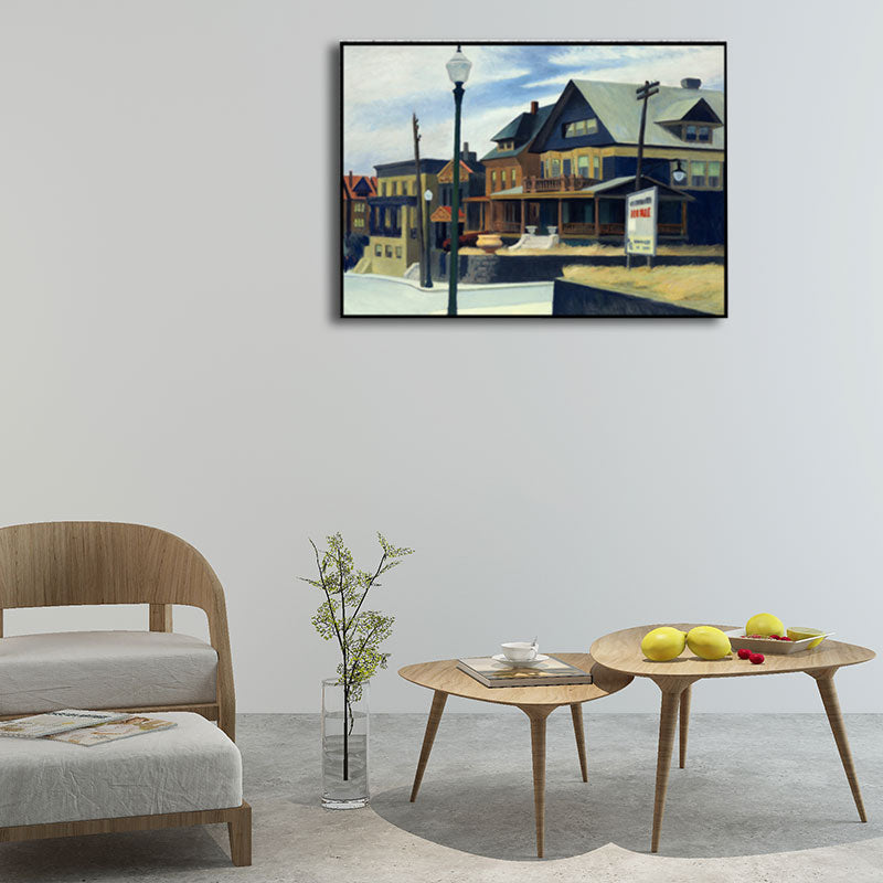 Brehn | Blaue Vorstadt Häuser Malerei Leinwand Texturierte Oberfläche Wandkunst für Wohnzimmer