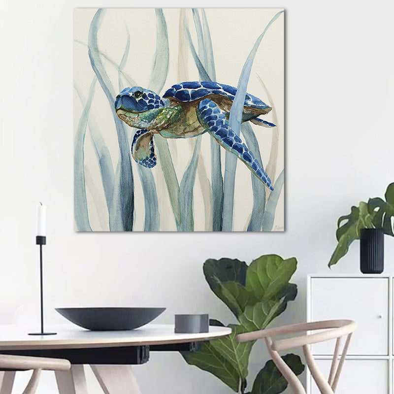 Brehn | Blaues Schildkröte und Seegras Gemälde Texturiertes Tropisches Kinderzimmer Leinwand Wandkunst