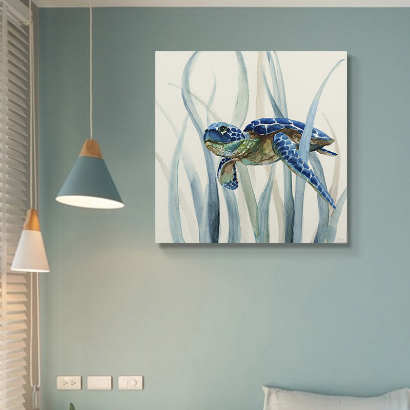Brehn | Blaues Schildkröte und Seegras Gemälde Texturiertes Tropisches Kinderzimmer Leinwand Wandkunst