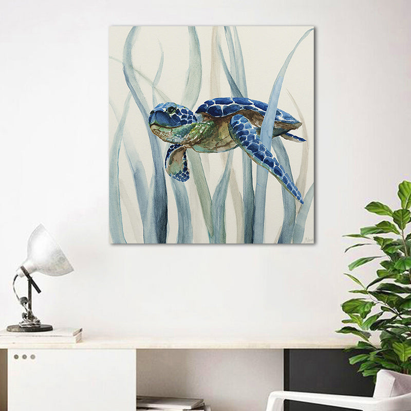 Brehn | Blaues Schildkröte und Seegras Gemälde Texturiertes Tropisches Kinderzimmer Leinwand Wandkunst