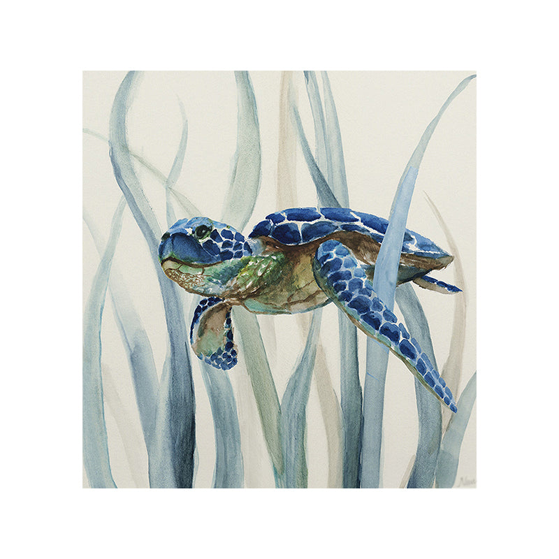 Brehn | Blaues Schildkröte und Seegras Gemälde Texturiertes Tropisches Kinderzimmer Leinwand Wandkunst