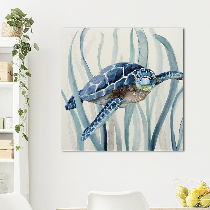 Brehn | Blaues Schildkröte und Seegras Gemälde Texturiertes Tropisches Kinderzimmer Leinwand Wandkunst