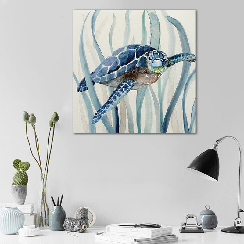 Brehn | Blaues Schildkröte und Seegras Gemälde Texturiertes Tropisches Kinderzimmer Leinwand Wandkunst