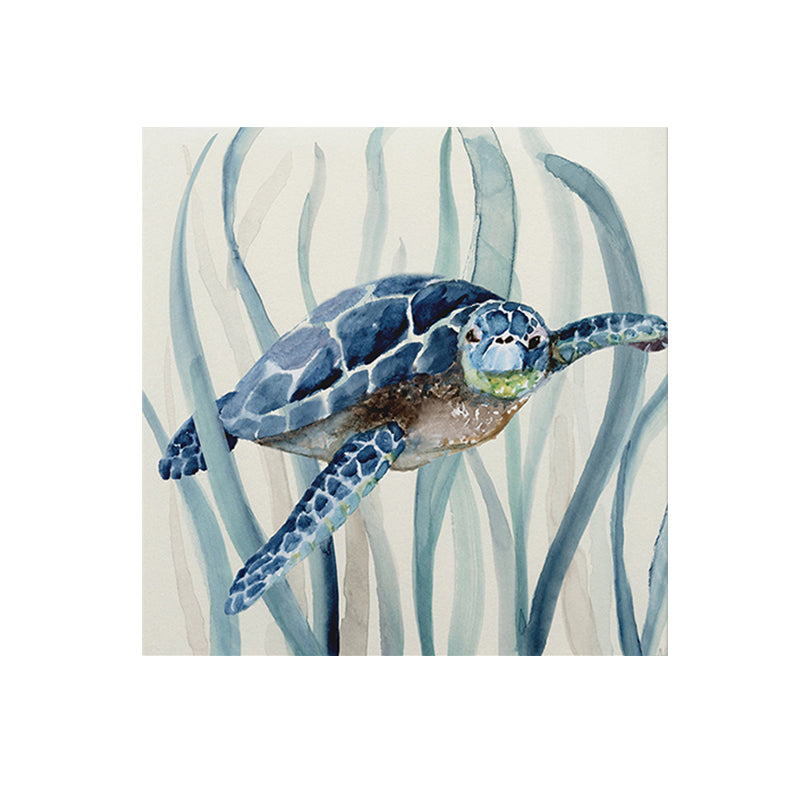 Brehn | Blaues Schildkröte und Seegras Gemälde Texturiertes Tropisches Kinderzimmer Leinwand Wandkunst