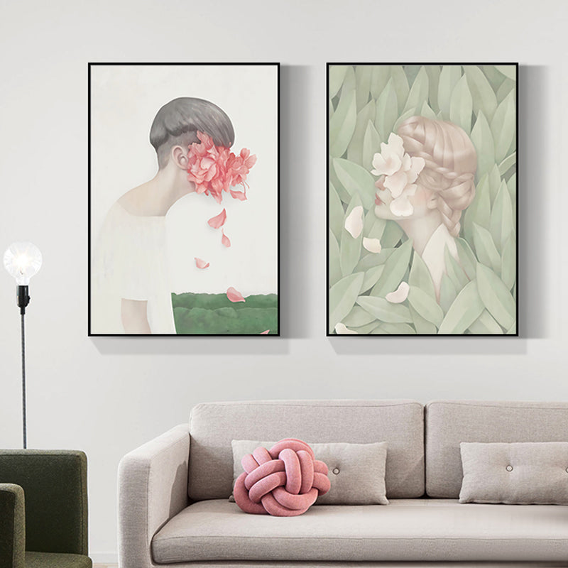 Brehn | Dunkle Farbige Nordische Wandkunst Illustrationen Menschen mit Blütenleinwanddruck für das Wohnzimmer