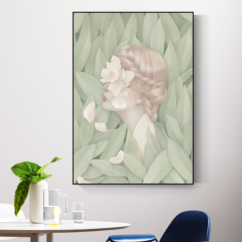 Brehn | Dunkle Farbige Nordische Wandkunst Illustrationen Menschen mit Blütenleinwanddruck für das Wohnzimmer
