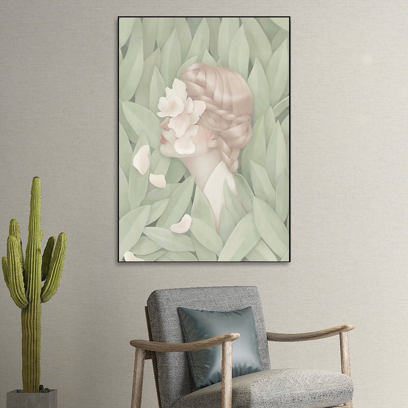 Brehn | Dunkle Farbige Nordische Wandkunst Illustrationen Menschen mit Blütenleinwanddruck für das Wohnzimmer