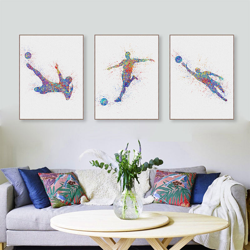 Brehn | Aquarell Fußball Trainings Wandkunst Blau-Lila Moderner Stil Leinwand für das Jungenzimmer