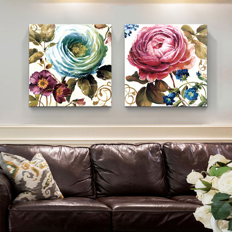 Brehn | Wunderschönes Pfingstrosen-Wandkunst-Set für das Wohnzimmer Blumenmalerei Leinwanddruck in Pink-Blau