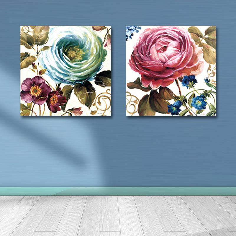 Brehn | Wunderschönes Pfingstrosen-Wandkunst-Set für das Wohnzimmer Blumenmalerei Leinwanddruck in Pink-Blau