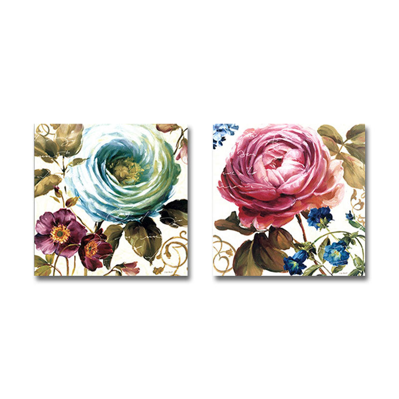 Brehn | Wunderschönes Pfingstrosen-Wandkunst-Set für das Wohnzimmer Blumenmalerei Leinwanddruck in Pink-Blau