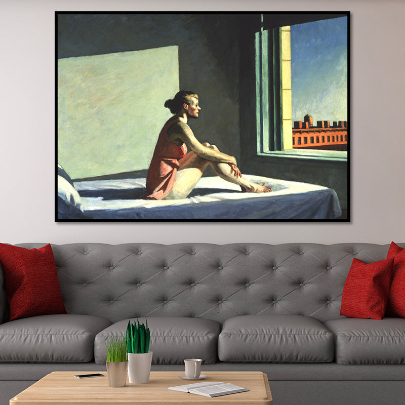 Brehn | Leinwandstrukturiertes Wandkunstwerk Traditionelles Edward Hopper Morgen Sonnengemälde in Blau-Rot