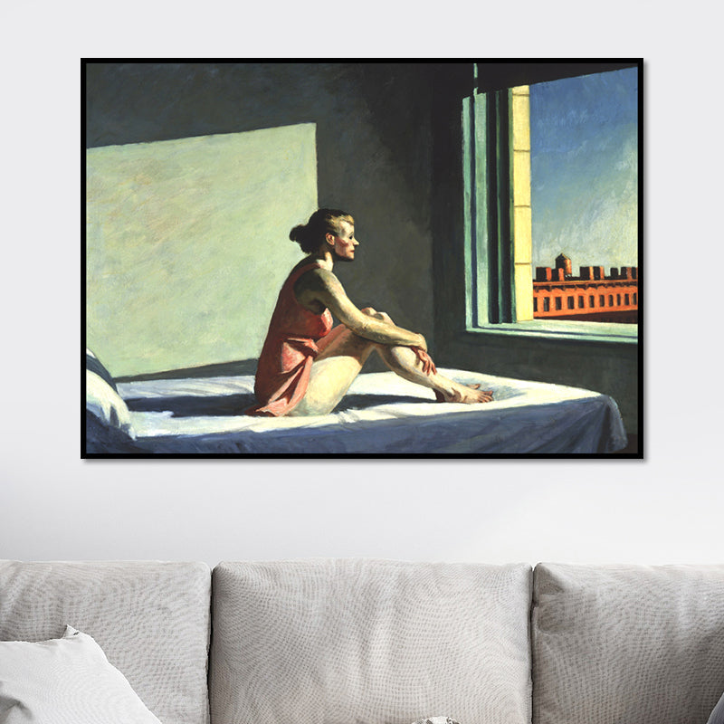 Brehn | Leinwandstrukturiertes Wandkunstwerk Traditionelles Edward Hopper Morgen Sonnengemälde in Blau-Rot
