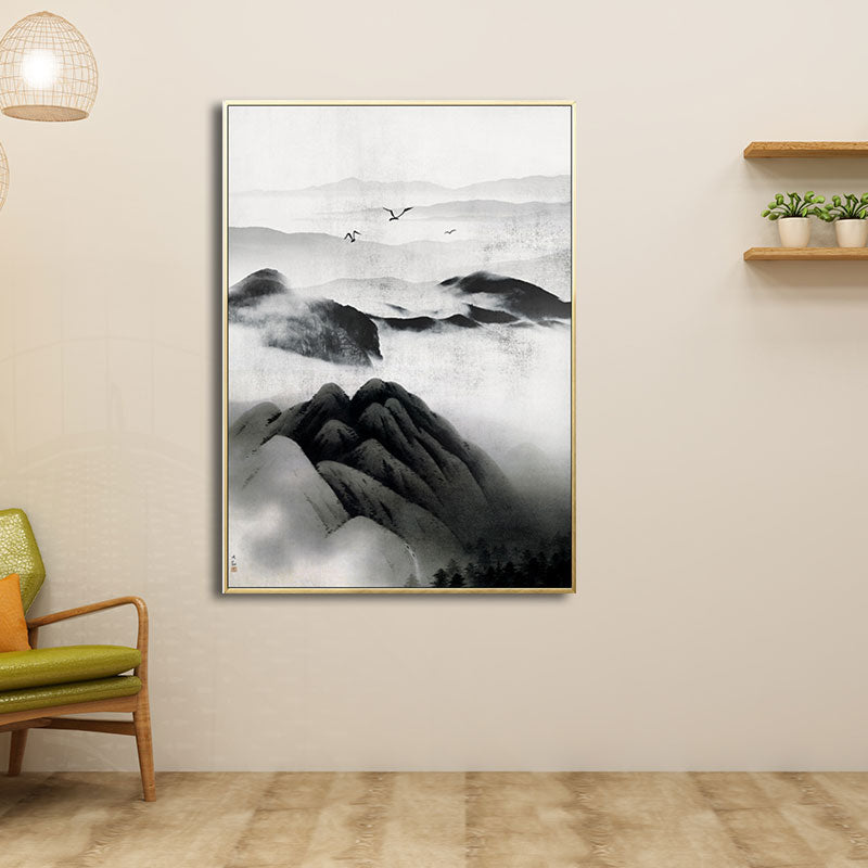 Brehn | Cloudy Mountain View Canvas Art Asiatische Texturierte Wanddekoration in Schwarz für Wohnzimmer