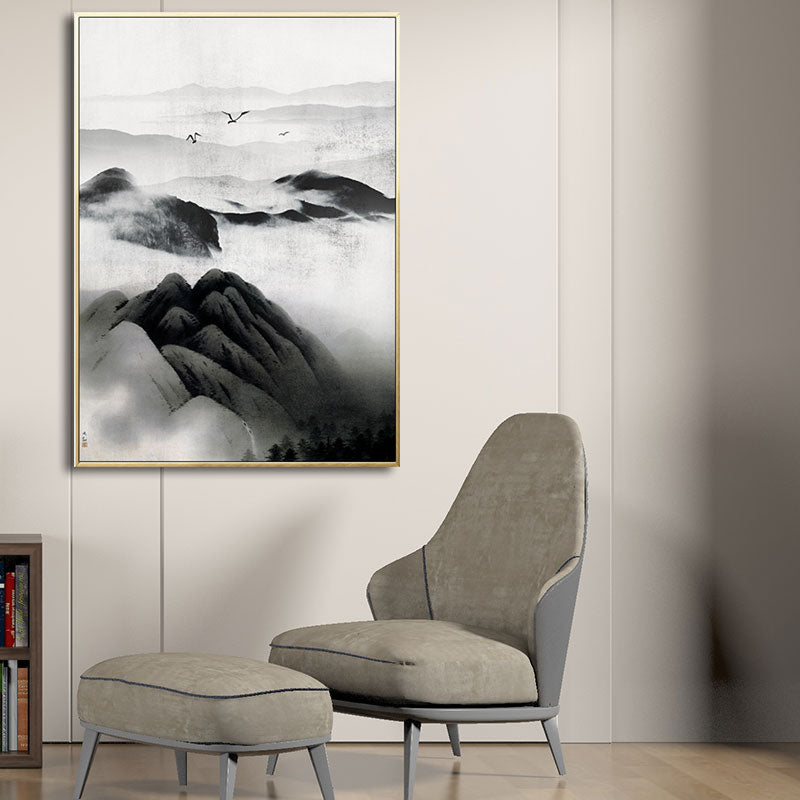 Brehn | Cloudy Mountain View Canvas Art Asiatische Texturierte Wanddekoration in Schwarz für Wohnzimmer