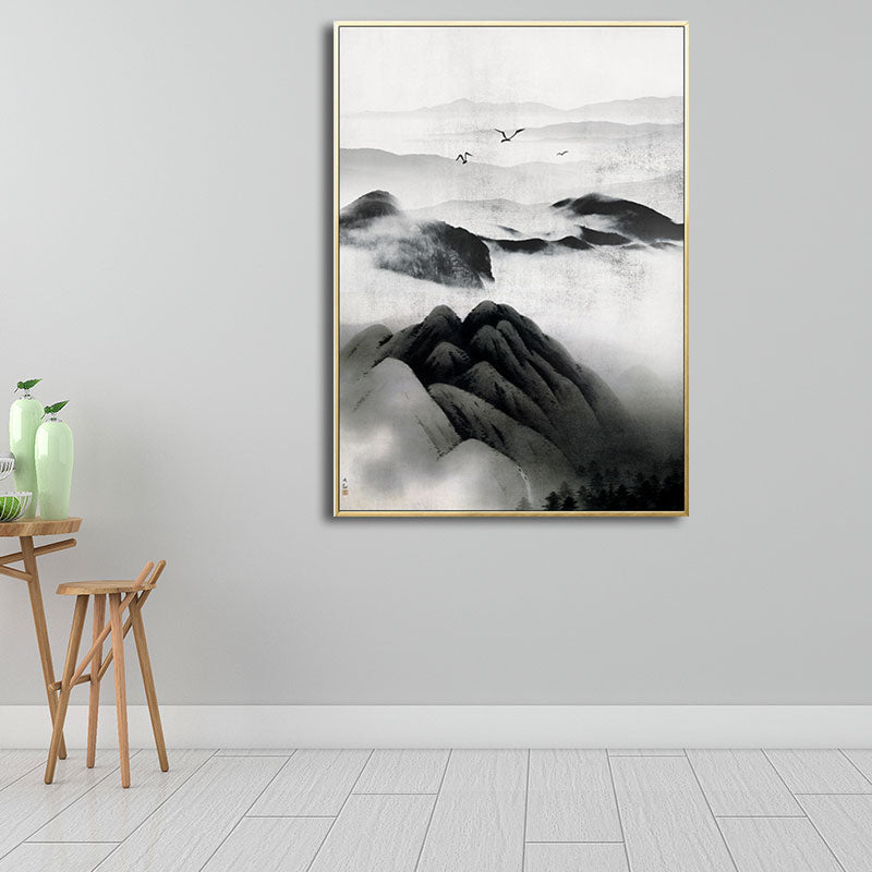 Brehn | Cloudy Mountain View Canvas Art Asiatische Texturierte Wanddekoration in Schwarz für Wohnzimmer