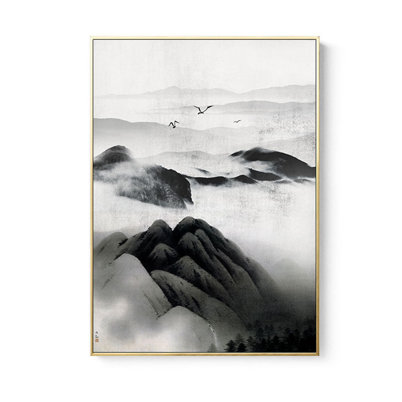 Brehn | Cloudy Mountain View Canvas Art Asiatische Texturierte Wanddekoration in Schwarz für Wohnzimmer