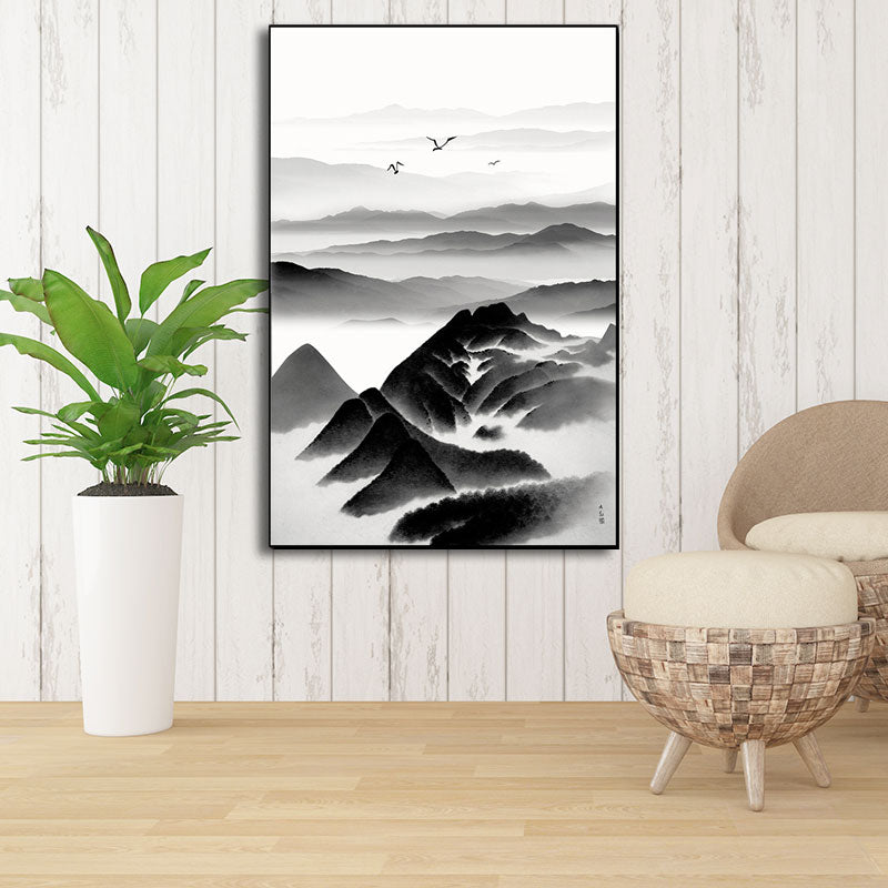 Brehn | Cloudy Mountain View Canvas Art Asiatische Texturierte Wanddekoration in Schwarz für Wohnzimmer