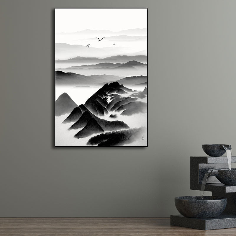 Brehn | Cloudy Mountain View Canvas Art Asiatische Texturierte Wanddekoration in Schwarz für Wohnzimmer
