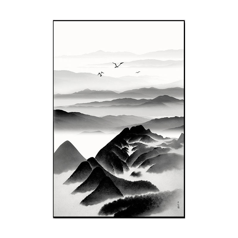 Brehn | Cloudy Mountain View Canvas Art Asiatische Texturierte Wanddekoration in Schwarz für Wohnzimmer